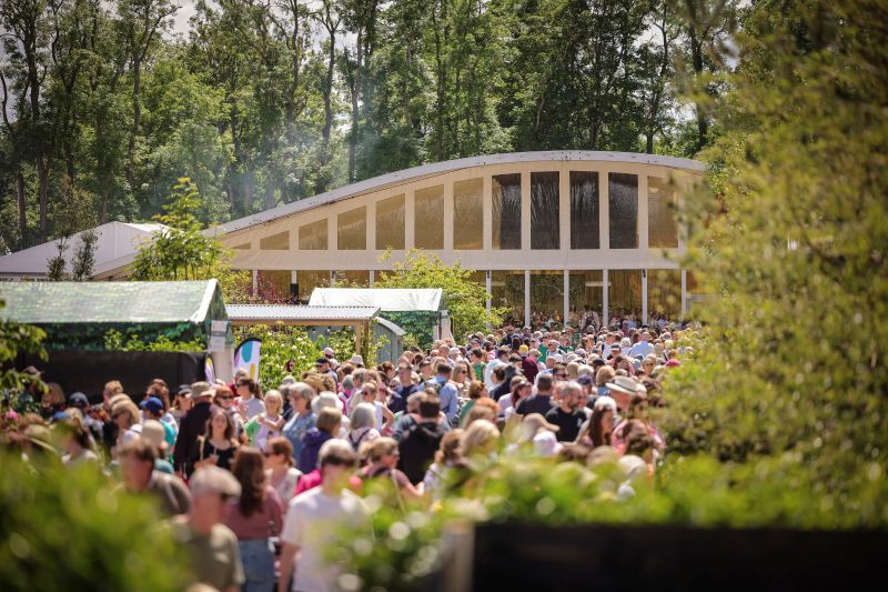 View of crowds at Bord Bia Bloom 2025 show gardens