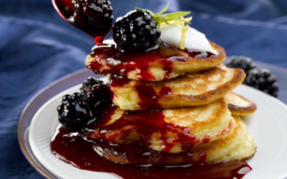 Organic Apple and Yoghurt Pancakes with Blackberry and Honey Sauce