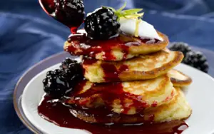 Organic Apple and Yoghurt Pancakes with Blackberry and Honey Sauce