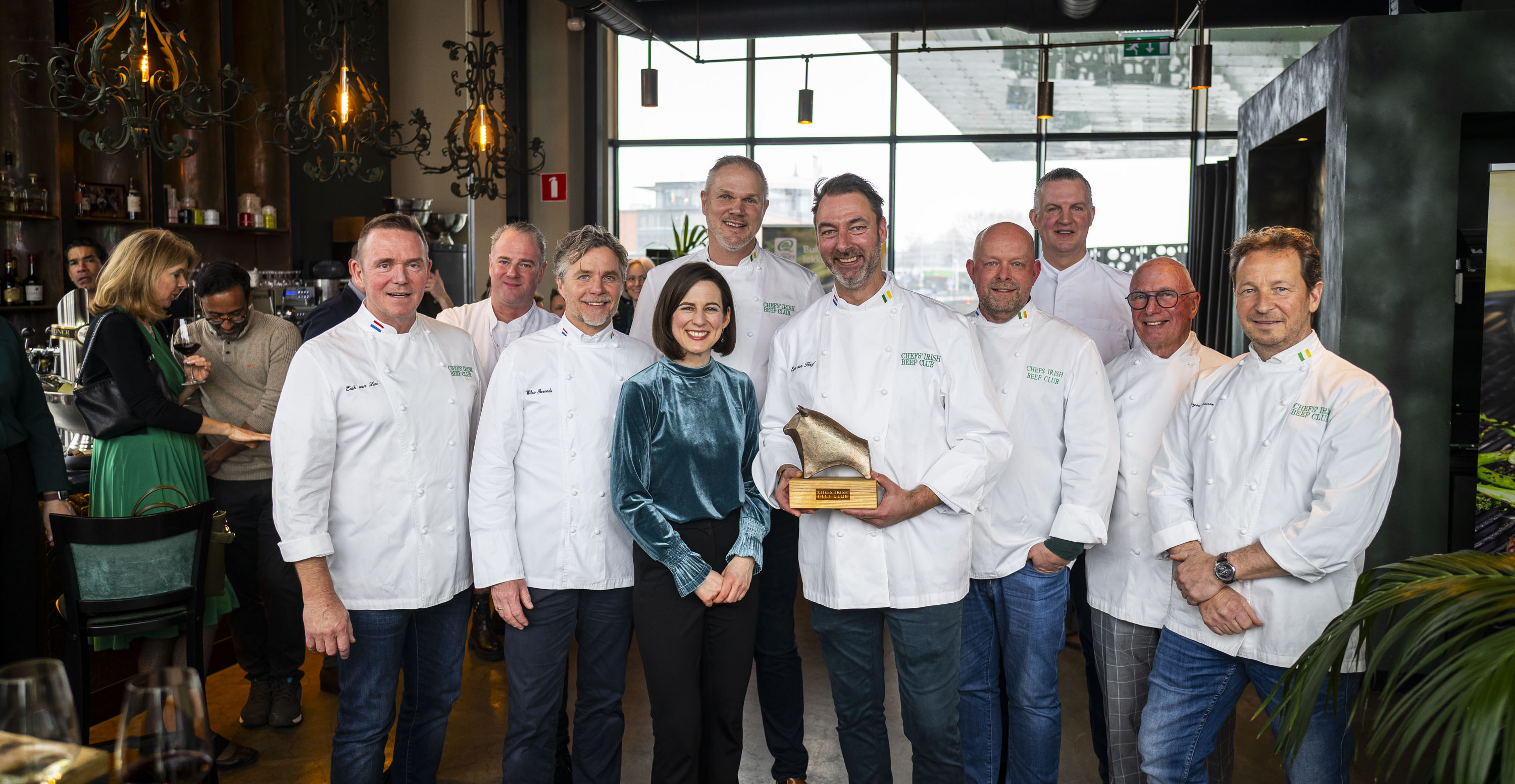 Netherlands manager Laura Crowley standing with members of the Chefs' Irish Beef Club, inaugurating new member Egon van Hoof in Mos Amsterdam