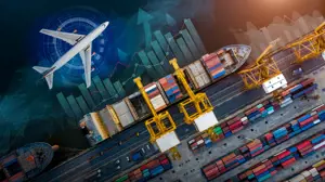 Graphic showing airplane and aerial view of cargo ships 