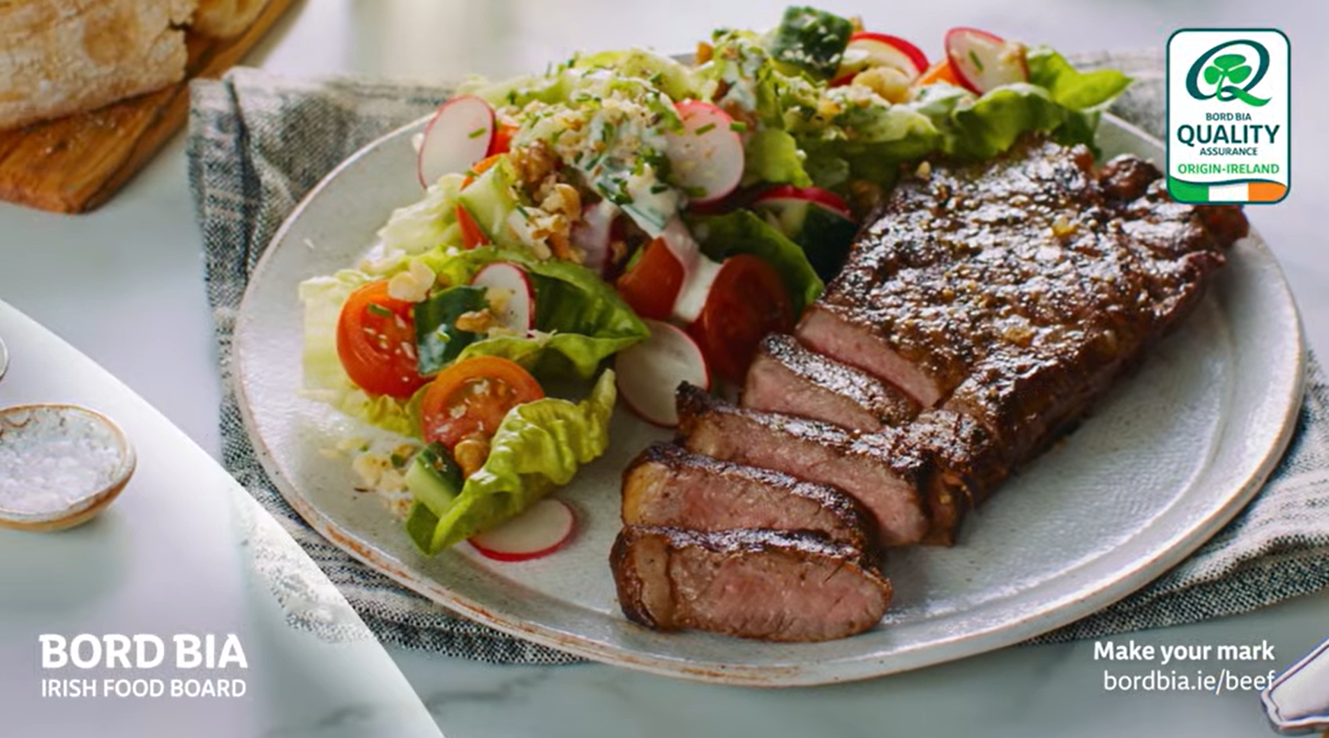Steak Salad served on plate - thumbnail featuring the Bord Bia logo and the Bord Bia Quality mark logo