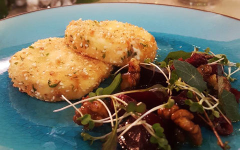 Neven's Crispy Goats’ Cheese with Roasted Beetroot, Cranberries and Watercress