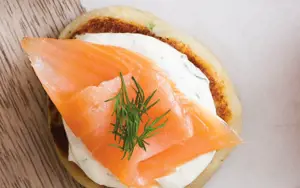 Organic Smoked Salmon on Potato Cakes with Natural Yoghurt