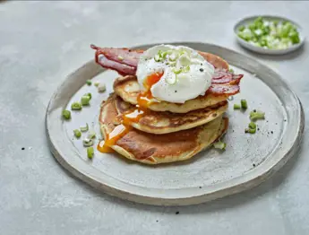 Savoury Pancakes with Smoked Bacon and Poached Eggs