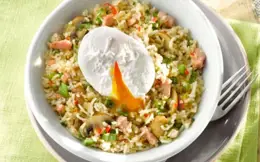 Bacon and Mushroom Fried Rice with Poached Eggs