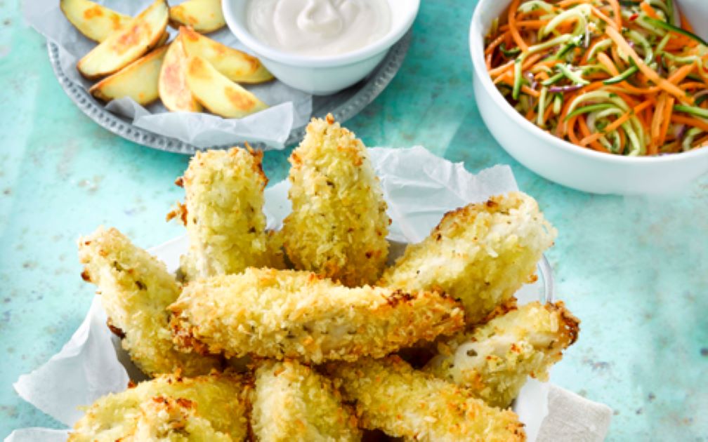 Chicken Schnitzel with Courgette and Carrot Salad and Garlic Aioli