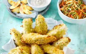 Chicken Schnitzel with Courgette and Carrot Salad and Garlic Aioli