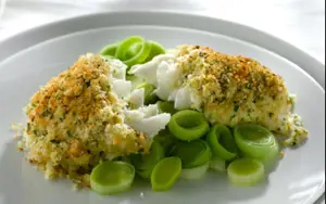 Crusted Haddock with Herb Mash And Creamy Leeks