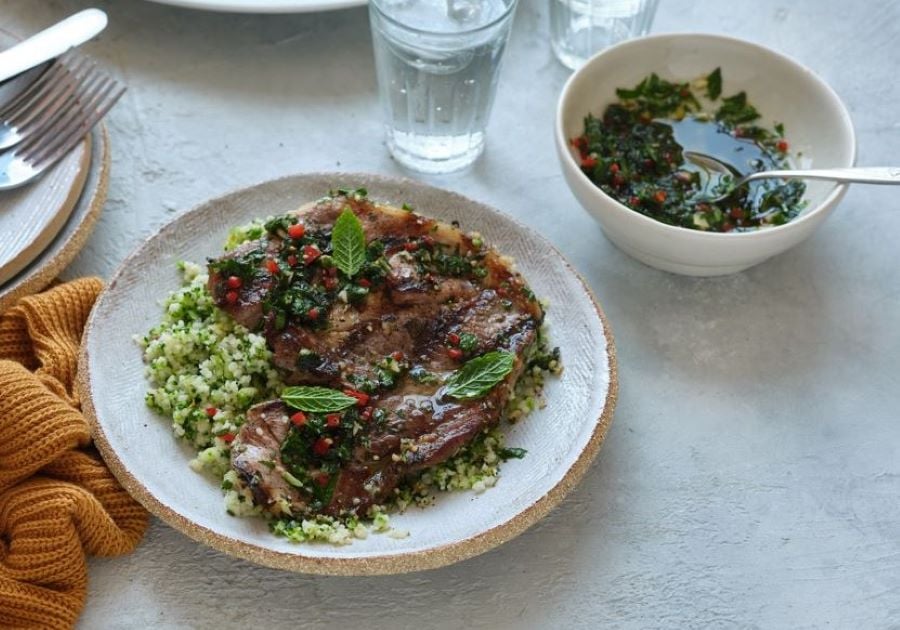 Lamb with Mint Chimichurri and Broccoli Couscous