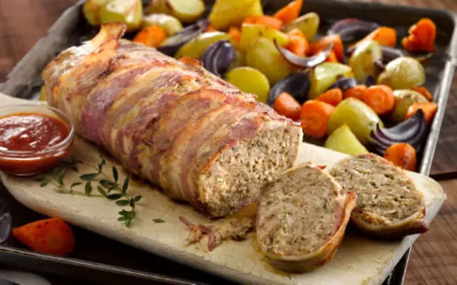Pork Meatloaf with Roasted Vegetables and Tomato Sauce