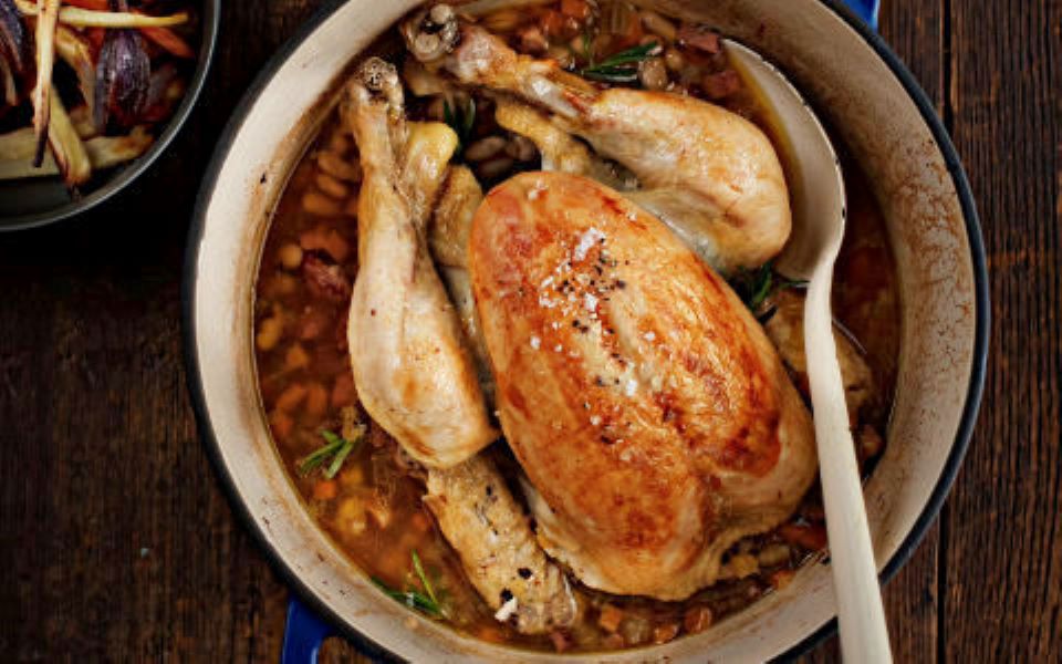 Pot Roast Chicken with Smokey Bacon and Beans