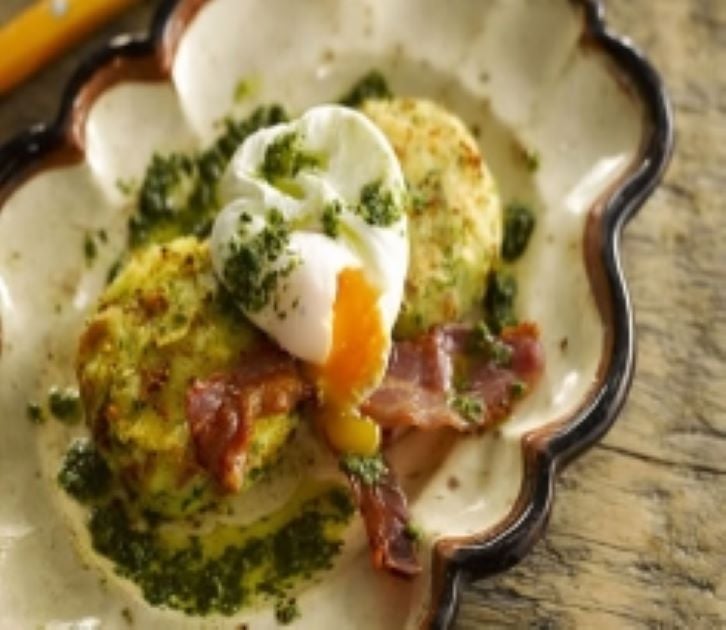Potato Cakes with Bacon, Eggs and Mojo Sauce
