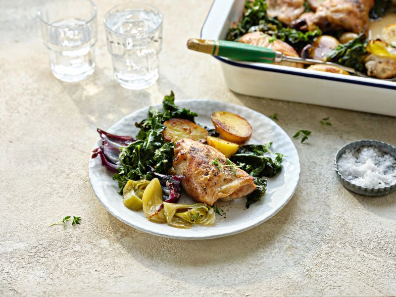 Roast Chicken Thighs with New Potatoes & Kale