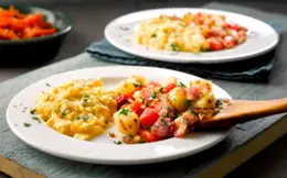 Scrambled Eggs with Bacon and Red Pepper Hash and Tomato and Cumin Salad