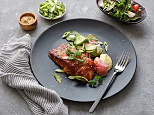 Irish Organic Salmon with a Miso Glaze and Cucumber Pickle