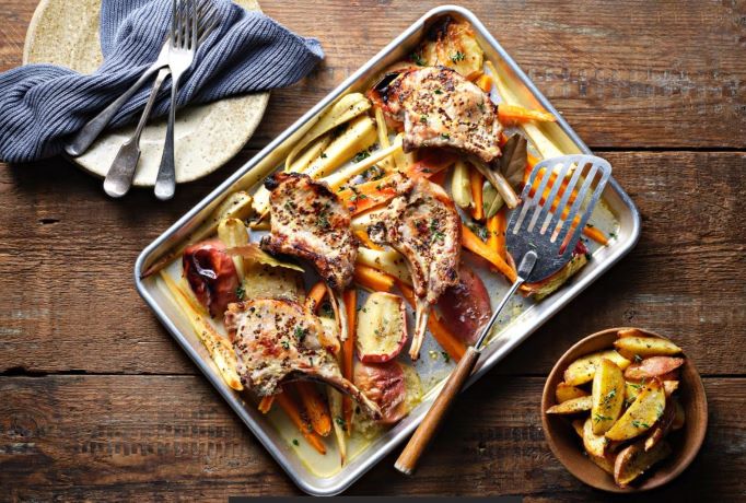 Pork Chops Baked with Parsnips, Carrots and Apples
