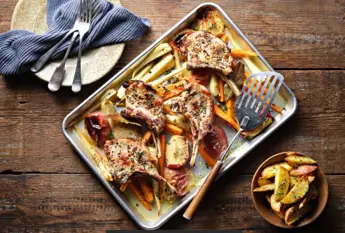 Pork Chops Baked with Parsnips, Carrots and Apples
