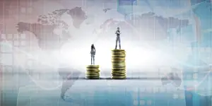Man and woman icon standing on unequal towers of coins