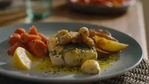 Range of seafood on a plate with table setting in background