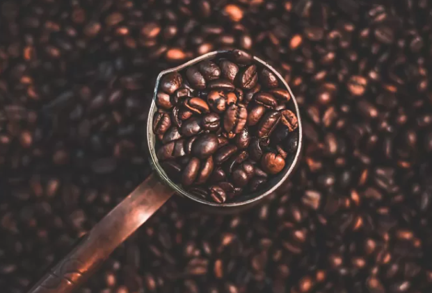 Measuring spoon holding coffee beans