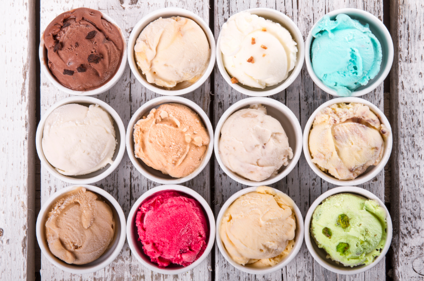 four rows of ice cream flavours in tub