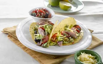 Ham Tacos with Tomato Salsa, Chunky Guacamole and Salad