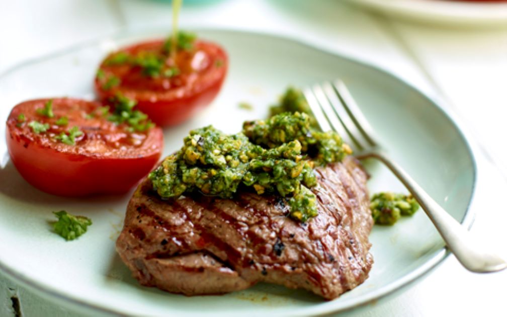 Grilled Lamb Steaks with Pistachio and Rocket Pesto