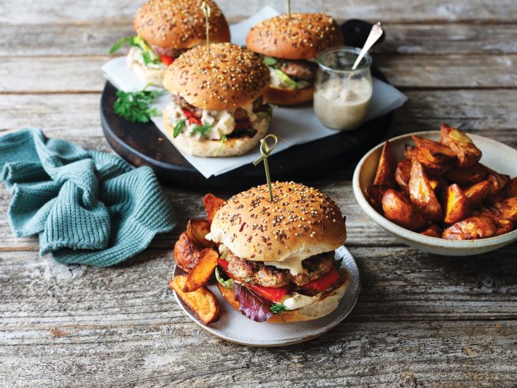 Kofta Lamb Burgers with Grilled Red Pepper