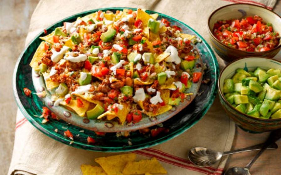 Mexican Beef Nachos with Tomato Salsa, Avocado and Soured Cream