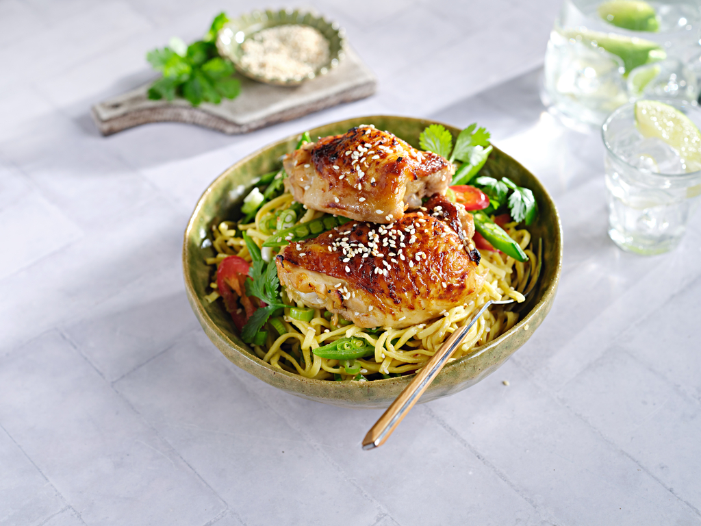 Sticky Chicken Thighs with a Noodle Salad