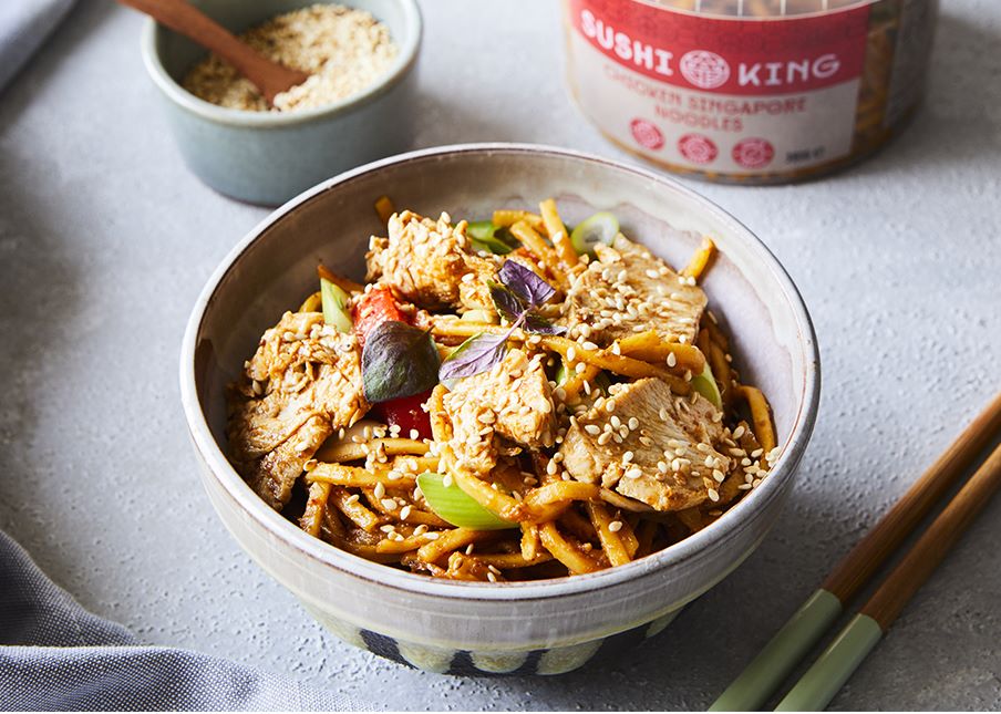 A Sushi King Chicken Singapore Noodles meal prepared in a bowl