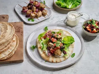 Tahini Pork Skewers with Flatbread and Salad