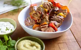 Lamb Kebabs with Easy Aubergine Caviar and Yoghurt and Mint Sauce